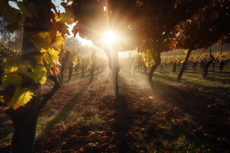 vineyard sunbeams shining through the leaves and onto vines in autumn, created with generative aiの素材