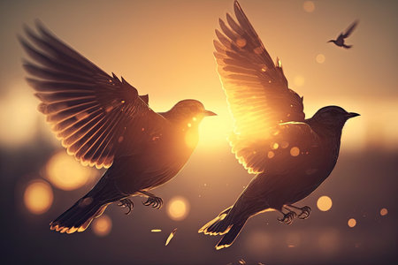 two birds flying in formation, with the sun shining behind them, created with generative aiの素材