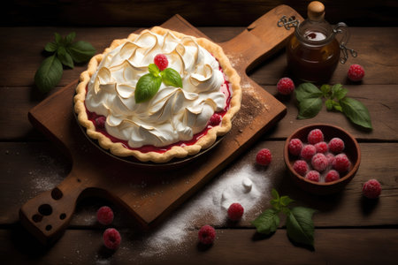 traditional dessert raspberry tyrolean pie with meringue on wooden table, created with generative aiの素材