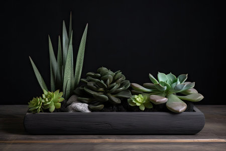 stunning succulent in black concrete pot with rustic wooden tray, created with generative aiの素材