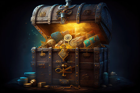treasure chest surrounded by towering stacks of gold coins, jewels, and other treasures, created with generative aiの素材