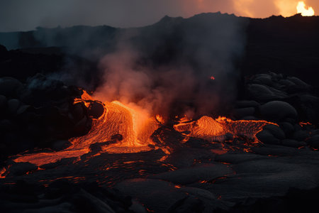 shot of molten lava flowing from a volcanic vent, with smoke and ash in the air, created with generative aiの素材