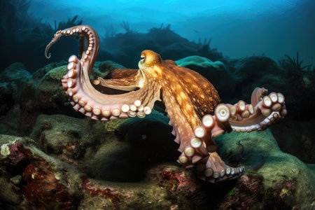 octopus kraken swimming in rich, underwater ecosystem, created with generative aiの素材