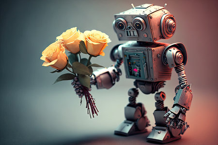 cute robot gives bouquet of flowers to special someone, created with generative aiの素材