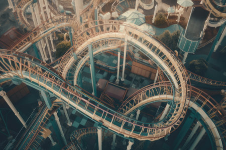 dizzying and dreamlike scene of a roller coaster, with the view from above showing the twists and turns, created with generative aiの素材