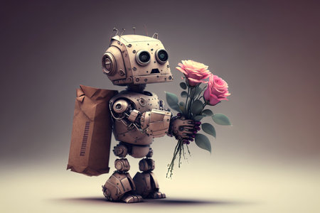 cute robot surprises its owner with bouquet of flowers on special occasion, created with generative aiの素材