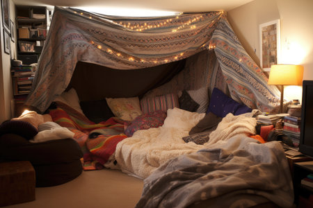 soft blanket and pillow fort, with pillows and blankets in every corner, created with generative aiの素材