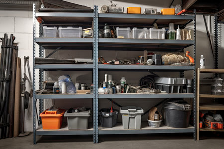 metal shelving unit loaded with heavy tools and equipment, created with generative aiの素材