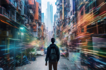 person, rushing through crowded cityscape, with glitchy view of digital world visible in the background, created with generative aiの素材