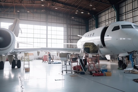 maintenance hangar, with team of technicians performing routine checkups on aircraft, created with generative aiの素材