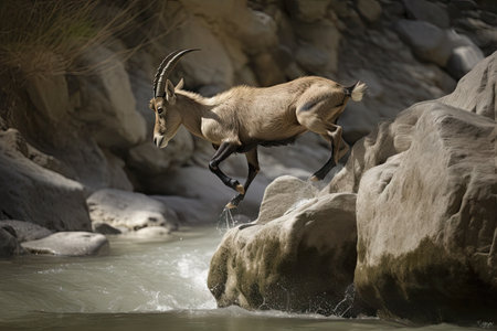 ibex jumping from cliffside into rocky riverbed, created with generative aiの素材