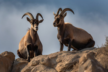 pair of ibex perched on a cliffside, with their hoofs and horns in full view, created with generative aiの素材