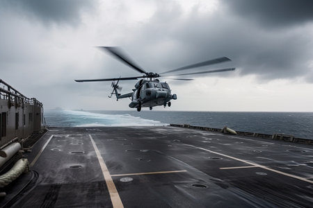 helicopter landing on aircraft carrier in stormy weather, created with generative aiの素材