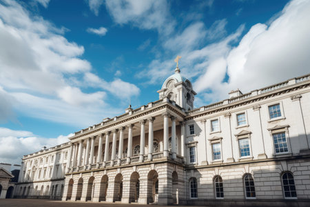 classical and historical building, with bright blue sky and fluffy clouds above, created with generative aiの素材