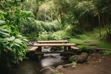 a wooden table surrounded by lush greenery, with a stream in the background, created with generative aiの素材