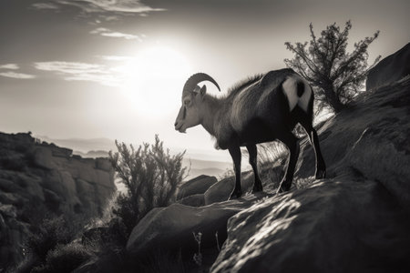 black-and-white ibex grazing on rocky cliffside, with the sun setting in the background, created with generative aiの素材