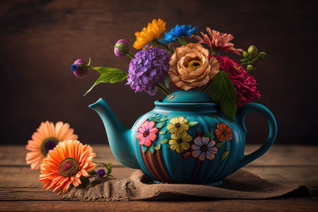 teapot on fireplace mantle with fire burning inside, created with generative aiの素材