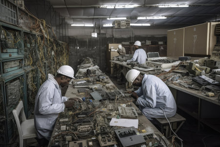 e-waste recycling facility, with workers sorting and dismantling electronic devices, created with generative aiの素材