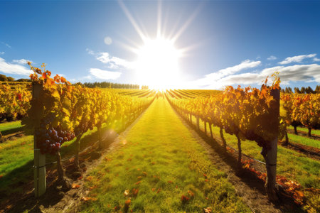 vineyard with rows of grapevines, surrounded by autumn sun and blue sky, created with generative aiの素材