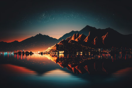 nighttime view of city lights shining on the water, with the silhouette of a mountain range in the background, created with generative aiの素材