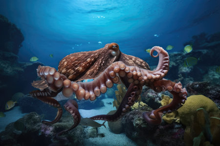 octopus kraken swimming in rich, underwater ecosystem, created with generative aiの素材