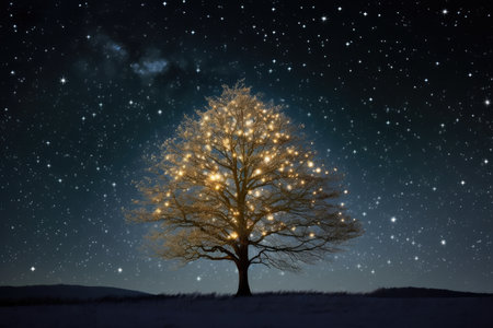 a festive, twinkling tree against a starry night sky, created with generative aiの素材