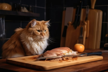 cat chef preparing freshly caught fish for meal on wooden board, created with generative aiの素材