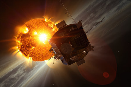 a satellite, surrounded by flares and storms, in full view of the sun, created with generative aiの素材