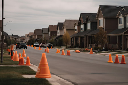suburban street with line of traffic cones marking off work zone, created with generative aiの素材