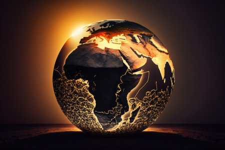 a sunlit globe with a sunrise illuminating the eastern hemisphere, created with generative aiの素材
