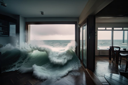 tsunami wave crashes into beach house, flooding the interior, created with generative aiの素材