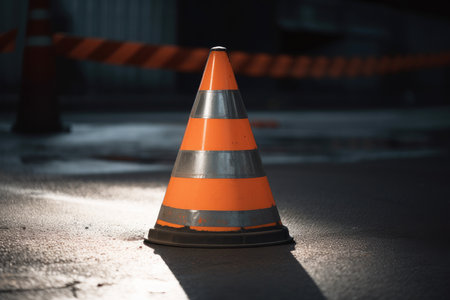 close-up of traffic cone, with its reflective stripes and triangle visible, created with generative aiの素材