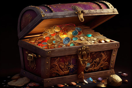 treasure chest overflowing with golden coins and precious gems, created with generative aiの素材