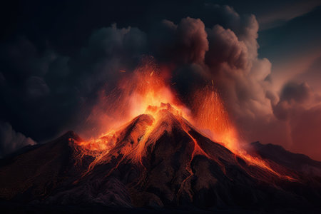 volcanic eruption, with lava flowing down the side of a mountain range, created with generative aiの素材