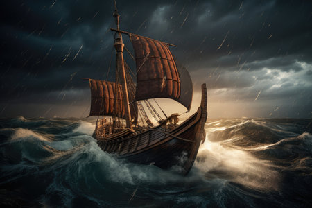viking ship sailing across stormy sea, with lightning and thunder in the background, created with generative aiの素材