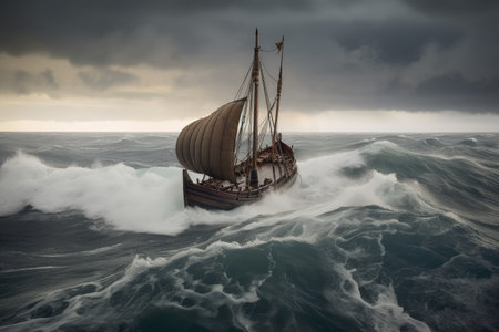 viking ship on stormy sea, with waves crashing over the bow, created with generative aiの素材