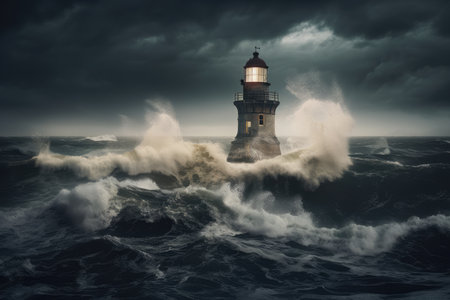 lighthouse, with view of the dark and stormy sea, during a dramatic storm, created with generative aiの素材