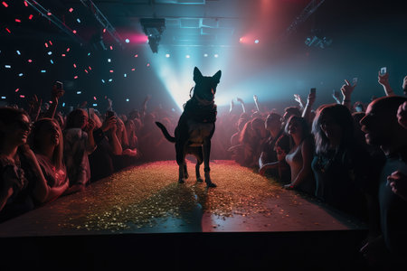 dog on stage, surrounded by fans and flashing lights, created with generative aiの素材