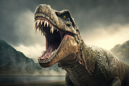 tyrannosaurus rex roaring, showcasing its powerful and terrifying presence, created with generative aiの素材