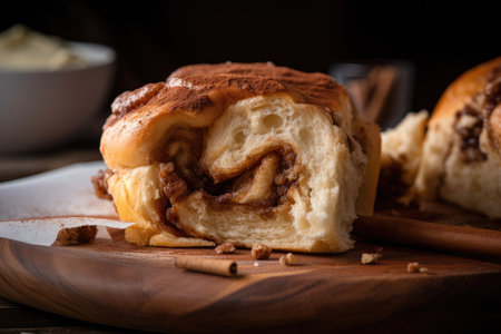 close-up of cinnamon bun, with a swirl of sweet and spicy cinnamon filling, created with generative aiの素材