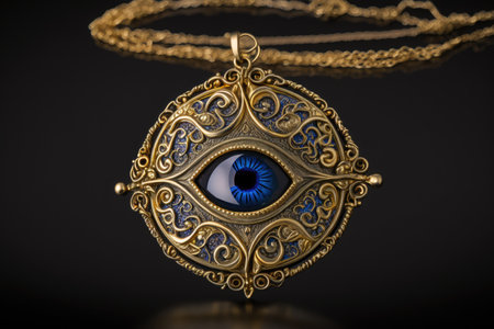 evil eye, surrounded by intricate and delicate filigree, on a gold chain, created with generative aiの素材