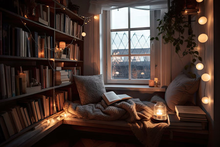 cozy nook with soft blankets, cushions, and books for reading, created with generative aiの素材