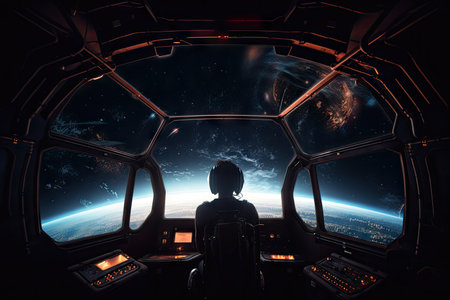 person, looking out of window of spaceship, with view of the stars and planets, created with generative aiの素材