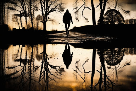 silhouette of person, with puddle reflection, walking in park, created with generative aiの素材