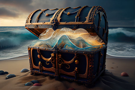 treasure chest on a beach, with the waves rolling in and out, created with generative aiの素材