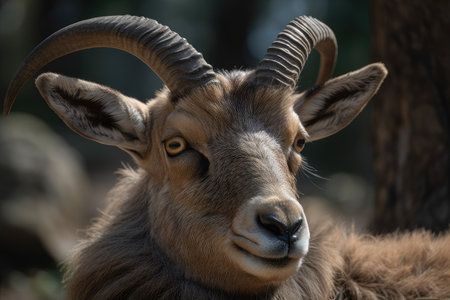 close-up of ibexs face, with its horns and fur in full view, created with generative aiの素材