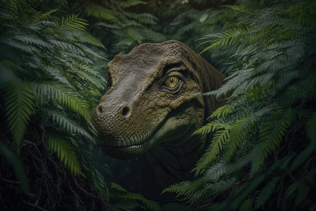 tyrannosaurus rex prowling through dense jungle, its yellow eyes scanning for prey, created with generative aiの素材