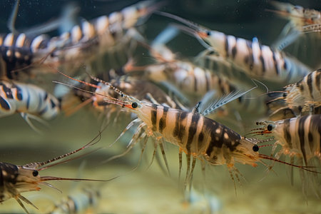 group of tiger shrimp prawns swimming in school, their stripes and spots clearly visible, created with generative aiの素材