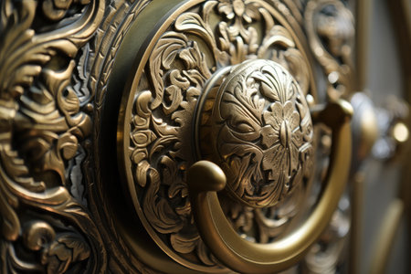 close-up of brass door handle with intricate detailing, created with generative aiの素材
