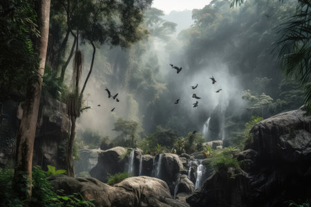 smoky jungle, with waterfalls and birds in the background, created with generative aiの素材